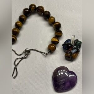 Boho Gemstone Jewelry Bundle Tiger’s Eye Bracelet Amethyst Heart Crystal Set